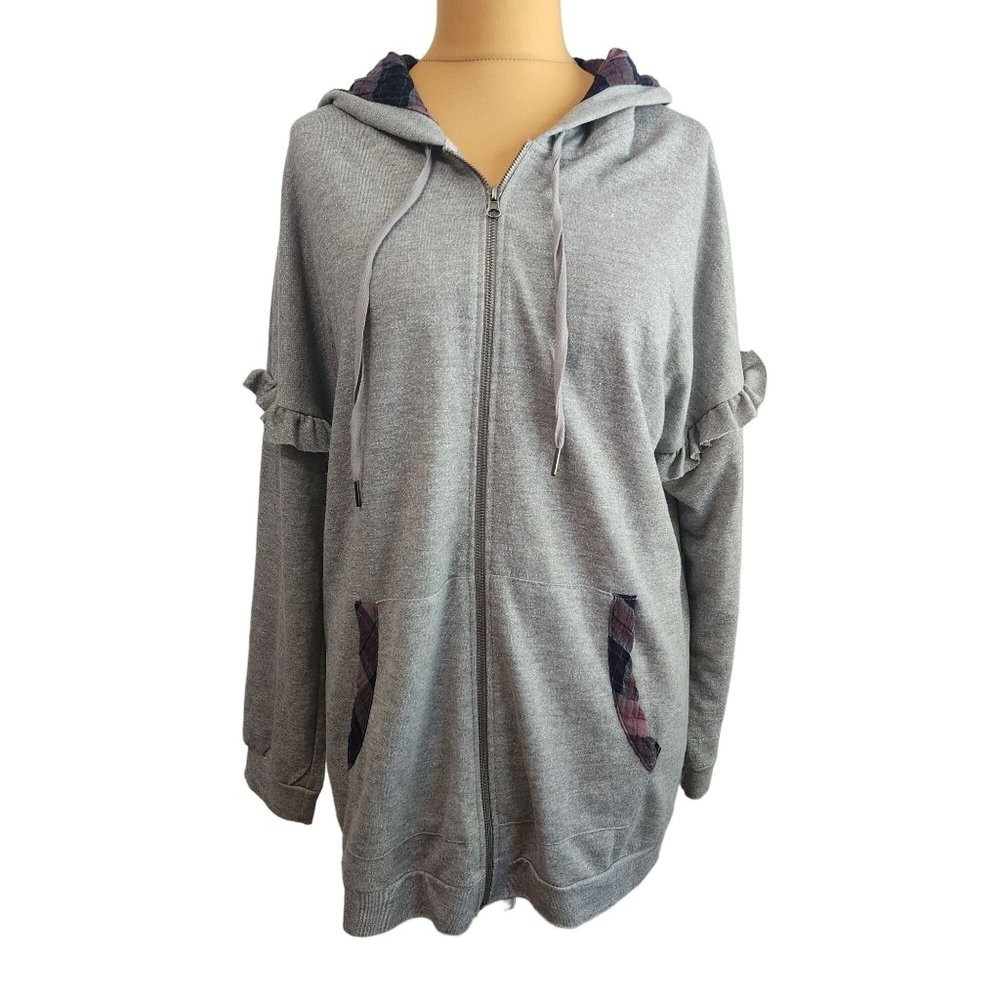 Knox Rose Womens Gray with Plaid Details Zip Up Hoodie Size XL